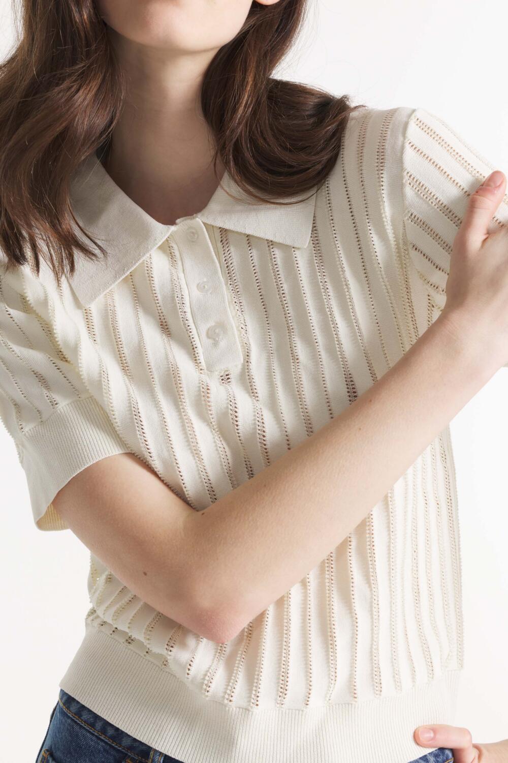 SALLY - OPENWORK KNITTED POLO SHIRT - XS, OFFWHITE